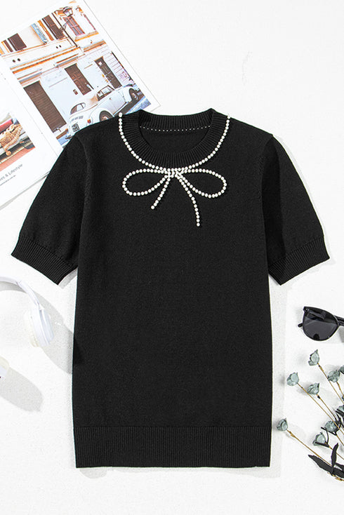 Black Pearl Bow Necklace Embellished Short Sleeve Knitted T Shirt